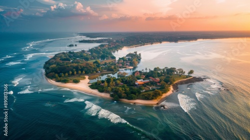 Aerial view of Bentota beach and the secret island, Sri Lanka.  photo