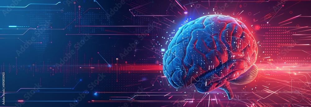 Abstract brain and AI technology concept. Depicts human intelligence, digital networks, and neuroscience. Blue hologram design symbolizes science, creativity, and futuristic tech. Black background.