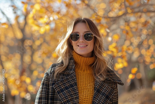 Woman In Plaid Coat Smiling In Front Of Autumn Leaves