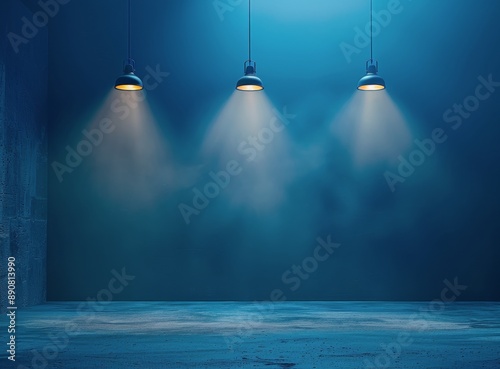 Three Hanging Lights Illuminating Empty Blue Room