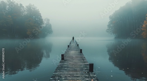 A Solitary Figure Walks a Wooden Dock on a Foggy Morning