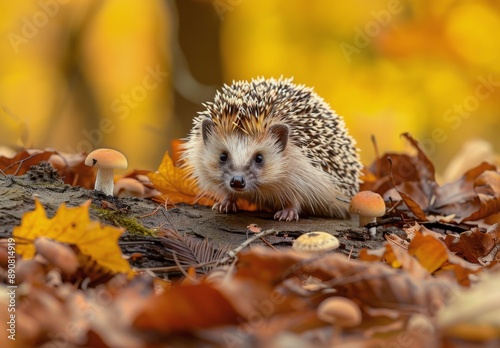 Hedgehog Encountering Mushrooms on Autumn Log