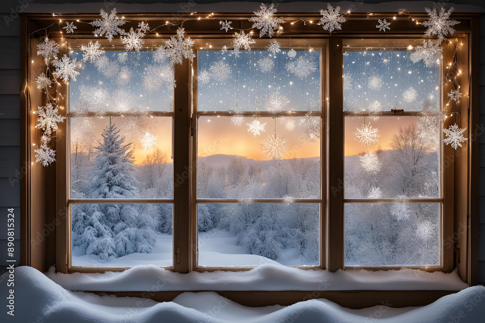 Snowy Winter Wonderland Window View, Cozy window decorated with snowflakes overlooking a serene winter landscape at sunset Snowy Winter Wonderland Window View, Cozy window decorated with snowflakes overlooking a serene winter landscape at sunset