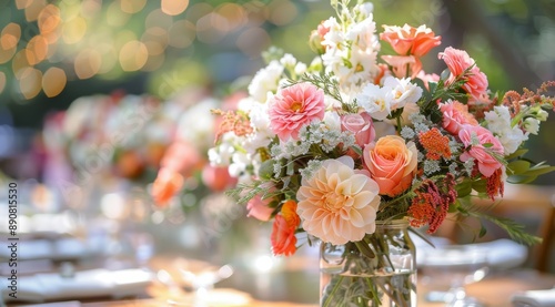 Tropical Flower Centerpiece on a White Tablecloth in a Garden Setting