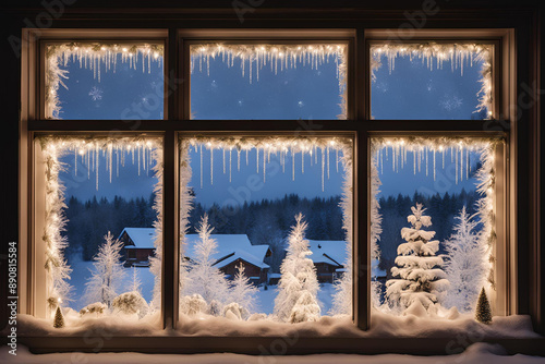 Snowy Winter Wonderland Window View, Cozy window decorated with snowflakes overlooking a serene winter landscape at sunset