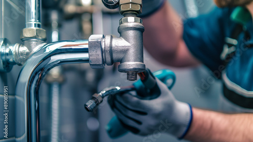 Plumber using wrench to repair plumbing system 