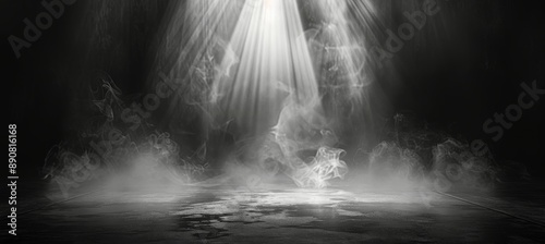 A Single Beam of Light Pierces Through Dark Clouds Over a Misty Surface