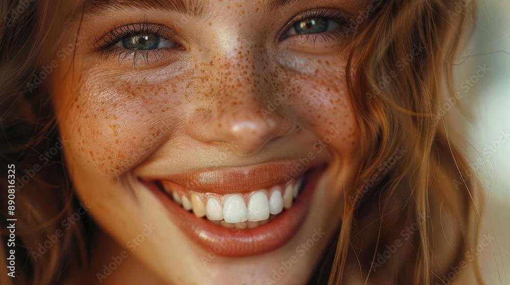 Close-up portrait of a woman with freckles smiling brightly. Her eyes are sparkling, and her teeth are pearly white. Close-up portrait of a woman with freckles smiling brightly. Her eyes are sparkling, and her teeth are pearly white.