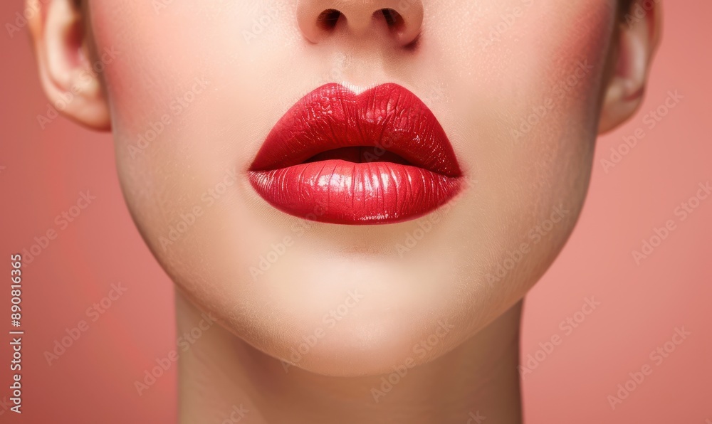 Close-up of glossy pink lips on a vibrant blue background. Free copy space for text. Close-up of glossy pink lips on a vibrant blue background. Free copy space for text.