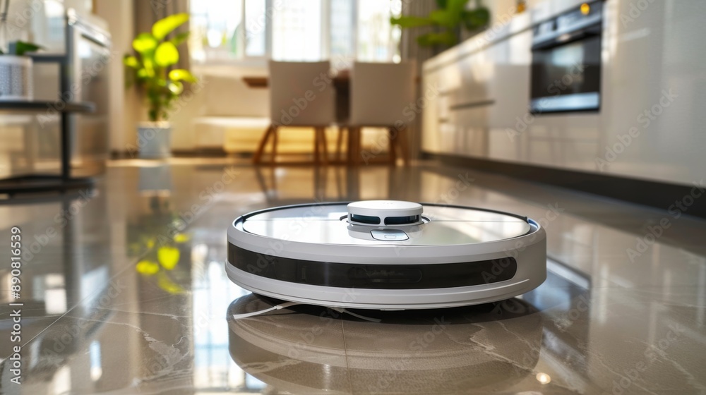 Robotic Vacuum Cleaner Cleaning Modern Kitchen Robotic Vacuum Cleaner Cleaning Modern Kitchen