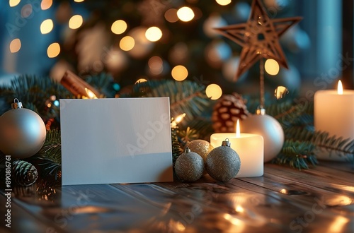 Blank Card With Christmas Ornaments and Lights on a Table