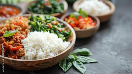 A colorful culinary image showcasing a bowl of steamed white rice accompanied by various vibrant vegetables and legumes, reflecting a balanced and nutritious meal option.