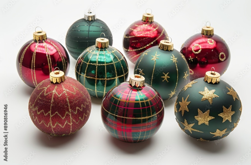 Green and Red Christmas Ornaments With Gold Accents on White Background Green and Red Christmas Ornaments With Gold Accents on White Background