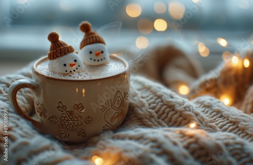 Two Snowman Marshmallows in a Mug of Hot Chocolate on a Cozy Winter Bed