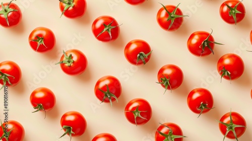 Multiple red tomatoes arranged on a light background, representing freshness, food, and produce