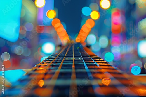 Detailed shot of a guitar in an urban setting, highlighting themes of music, city, and nightlife