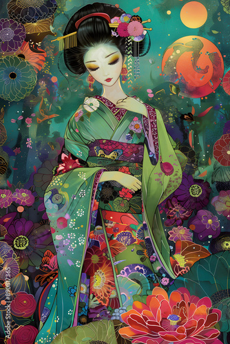 Vibrant geisha in traditional attire with floral scene photo