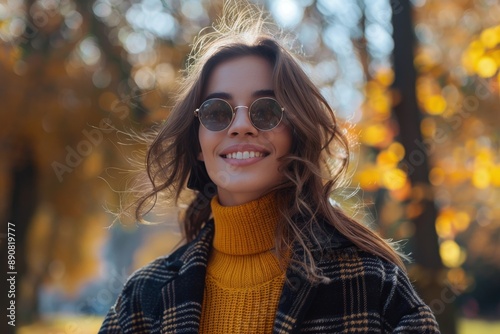 Smiling Woman In Sunglasses And Beanie In Autumn Park