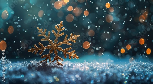Golden Snowflake Ornament in Winter Snow With Blurry Lights