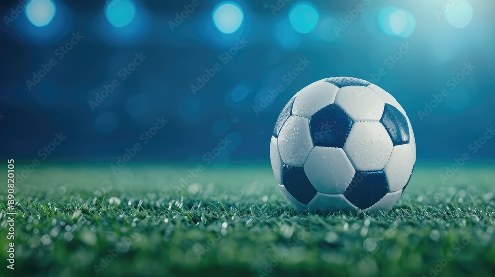 Fototapeta premium Illuminated Soccer Football in Night Stadium Closeup Shot, Sporting Event Intensity Under Floodlights