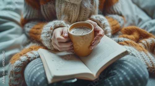 Woman Reading a Book and Enjoying a Hot Beverage on a Cozy Day