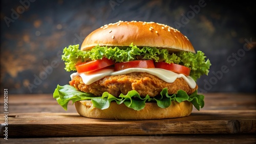Delicious crispy chicken burger with lettuce, tomato, and mayonnaise, burger, crispy, lettuce, fast food, food