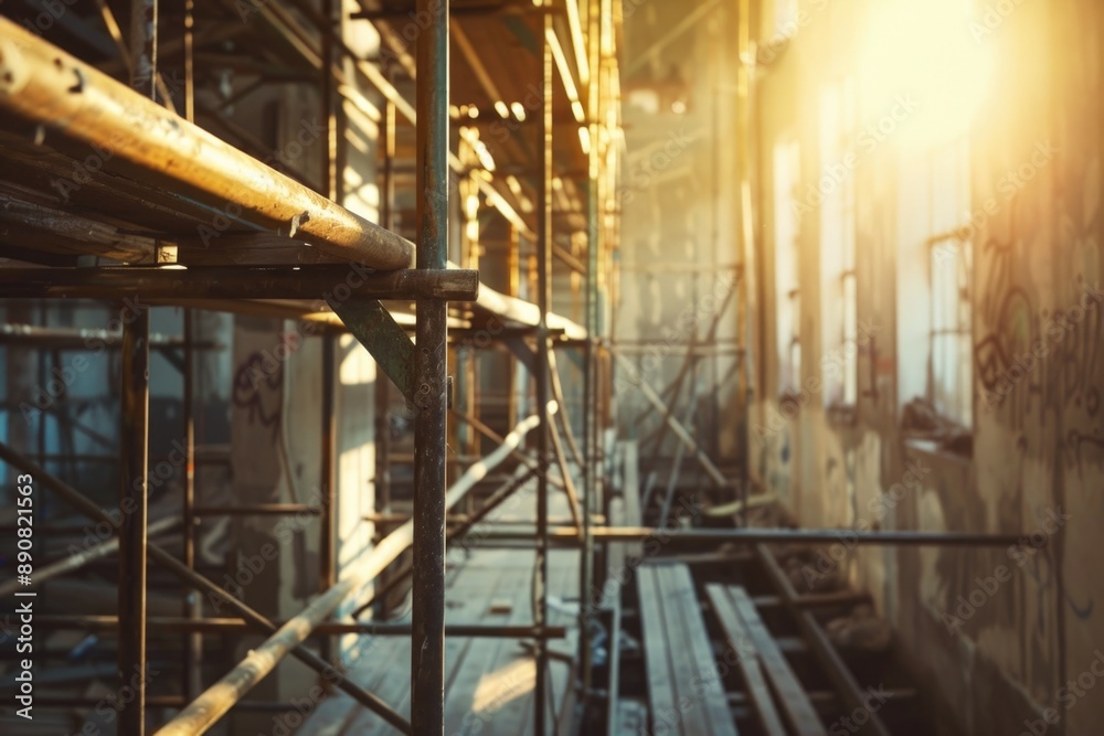 A construction site with scaffolding and sunlight shining through the window, great for business or architecture-related content A construction site with scaffolding and sunlight shining through the window, great for business or architecture-related content