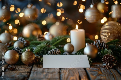 Festive Christmas Decorations With Burning Candle and Blank Card on Rustic Wo...
