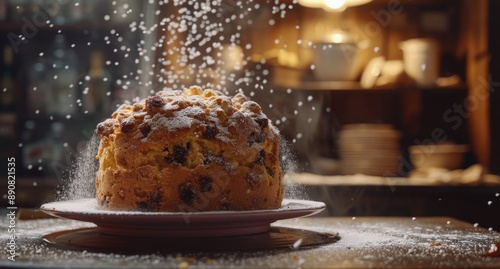 A Sliced Panettone Cake on a Silver Cake Stand in a Bakery Setting