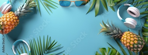 Tropical Summer Flat Lay With Pineapples, Palm Leaves, Headphones, and Sungla...