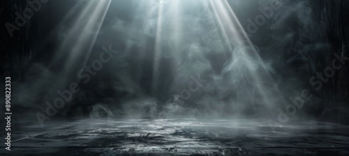 A Single Beam of Light Pierces Through Dark Clouds Over a Misty Surface