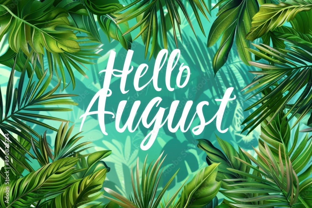 A sunny, tropical background with palm trees and the text 