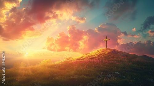Christian Cross Banner. Sunrise on Hill with Cross Symbolizing Resurrection of Jesus
