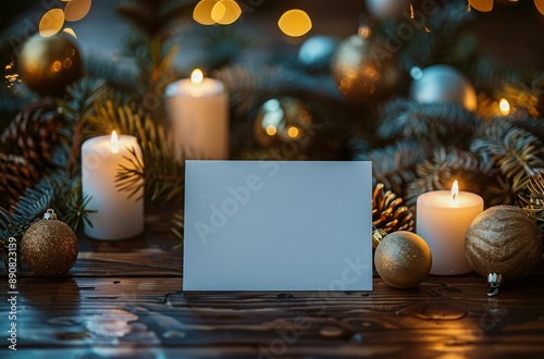 Festive Christmas Decorations With Burning Candle and Blank Card on Rustic Wo...