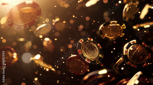 Bright falling poker chips on a poker table