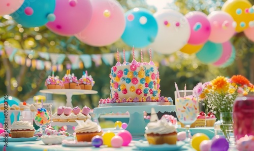 Outdoor birthday party with colorful decorations, balloons, and a festive cake