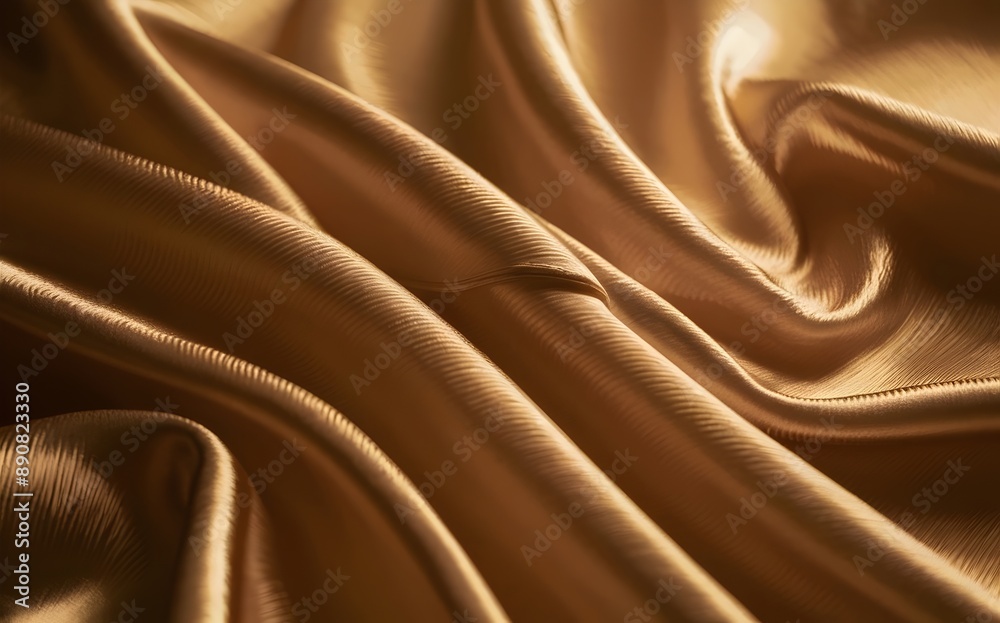 Fototapeta premium Luxurious golden silk fabric with flowing folds and ripples background.