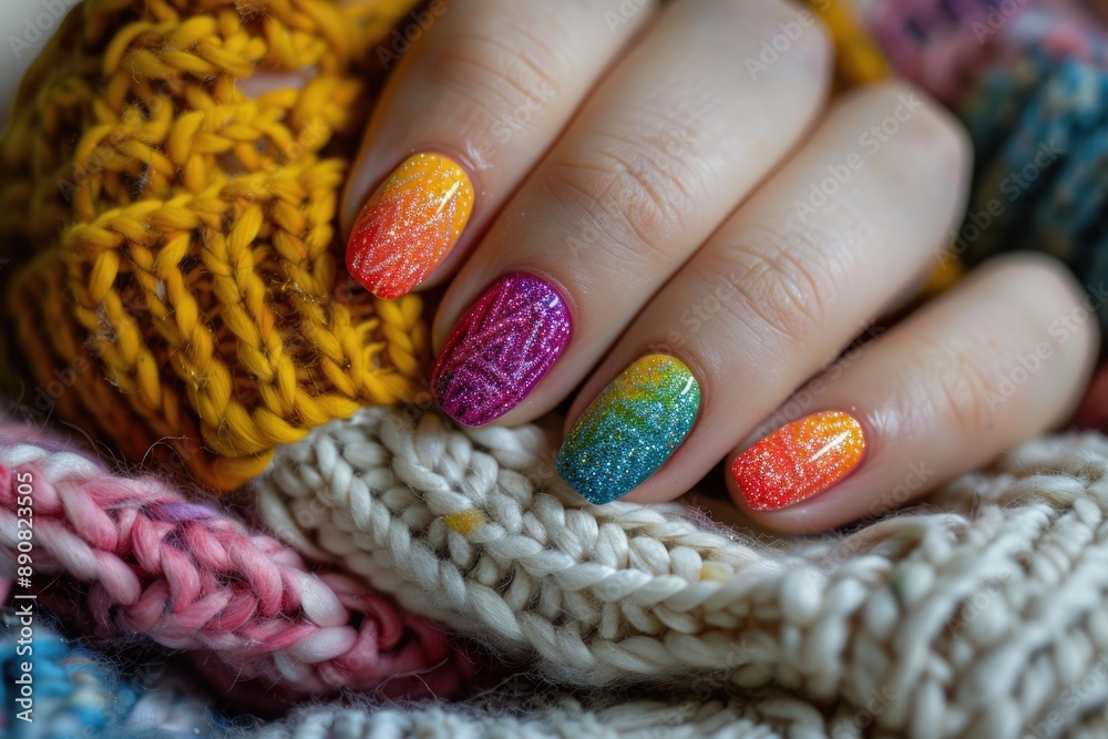 Fall Manicure. Closeup of Creative Acrylic Nails in Bright Colors on a Cozy Knitted Background Fall Manicure. Closeup of Creative Acrylic Nails in Bright Colors on a Cozy Knitted Background