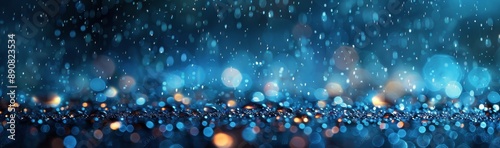 Blue Rain Falling on Glittering Surface With Bokeh Lights
