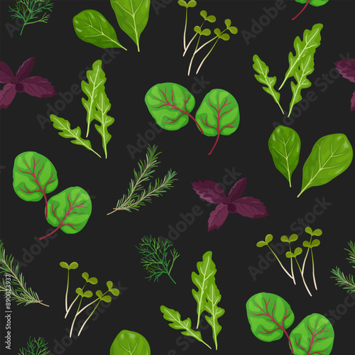 Seamless pattern with herbs and leaves includes spinach leaves, red basil, arugula, rosemary, microgreens, dill.

