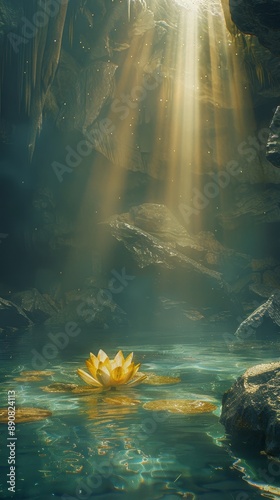 A mystical cave with a radiant lotus in calm waters, illuminated by sunbeams penetrating the rocky enclosure.