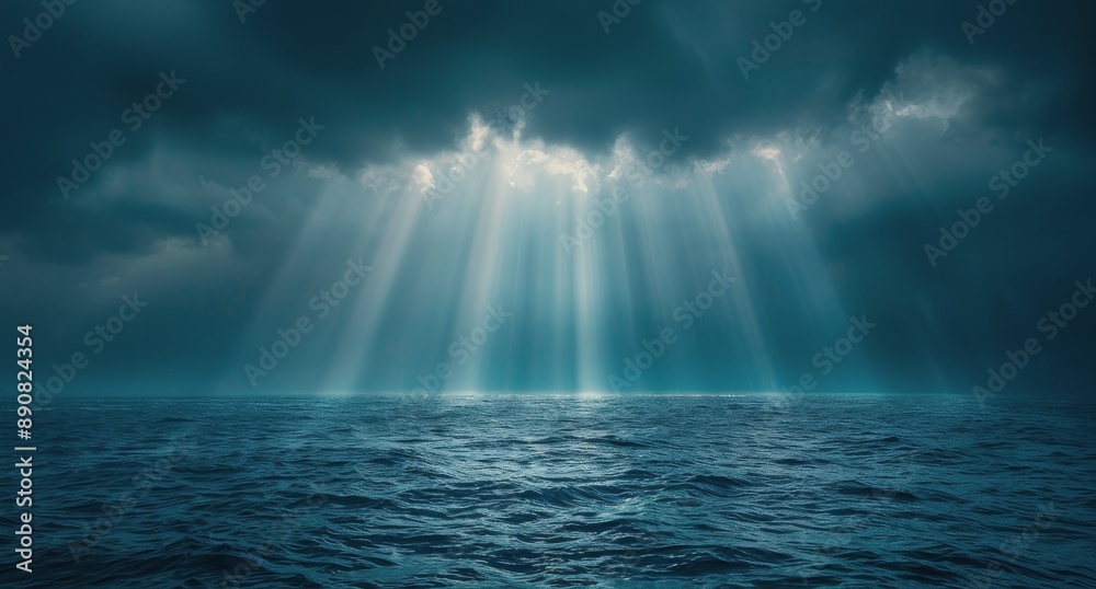 Light Beams Piercing Through Dark Clouds Over a Stormy Sea at Night Light Beams Piercing Through Dark Clouds Over a Stormy Sea at Night