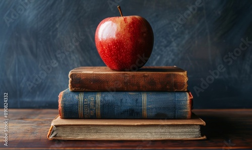 A Red Apple Rests Atop a Stack of Vintage Books Against a Blue Background