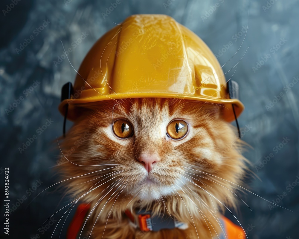 Construction Cat. Red Cat Wearing Helmet on Cute Background