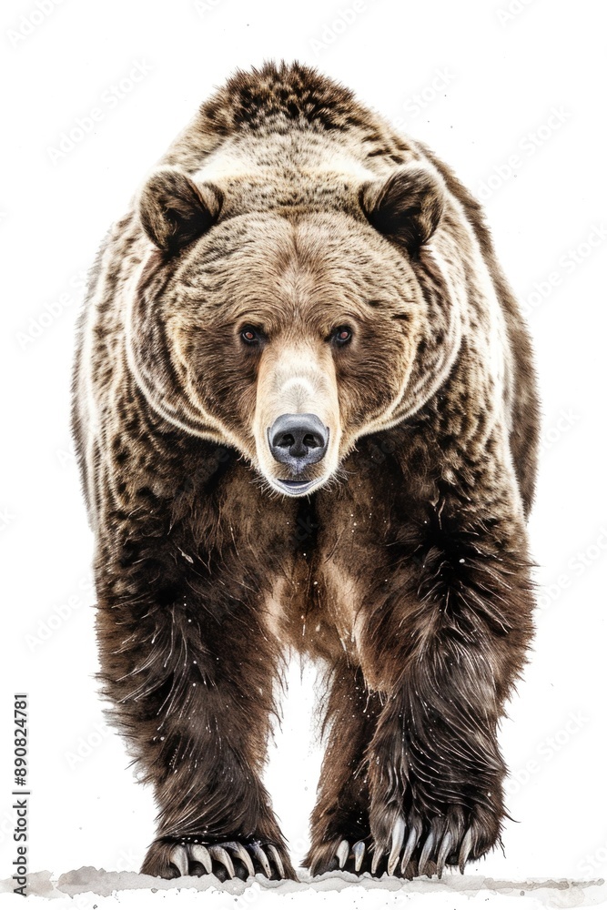 Fototapeta premium A large brown bear walks through a snowy field, offering a serene winter scene