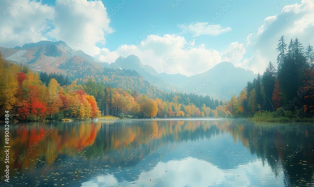Serene autumn lake with reflections of colorful trees, 10th Octoberd Serene autumn lake with reflections of colorful trees, 10th Octoberd