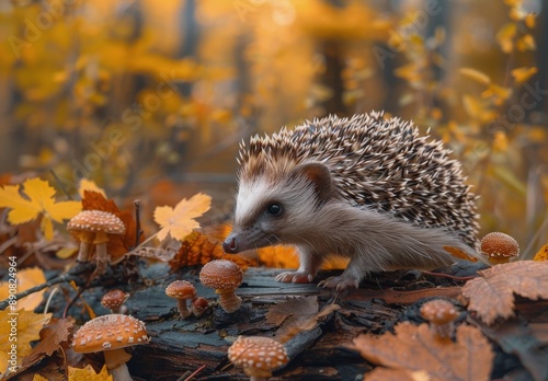 Hedgehog Encountering Mushrooms on Autumn Log