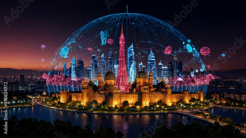 A futuristic smart and well connected city with cloud computing and high rise buildings in the background.