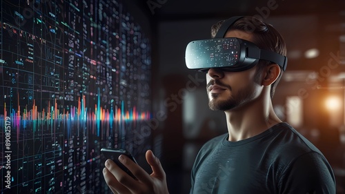 Smart man looking data or connecting with big data by using goggle. Deviation. Smart man looking data or connecting with big data or virtual reality by using goggle or VR headset. Caucasian person exp
