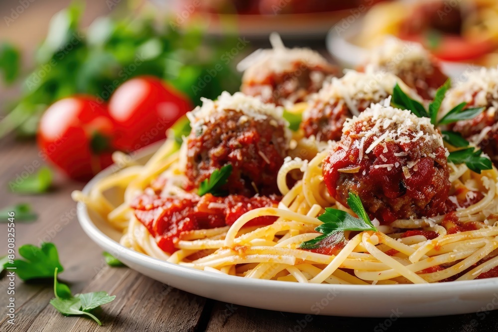 Spaghetti With Meatballs. Authentic Italian Dish with Parmesan Cheese on Plate Spaghetti With Meatballs. Authentic Italian Dish with Parmesan Cheese on Plate